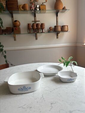 Vintage Corningware White Ceramic Baking Dishes with Blue Floral Motif